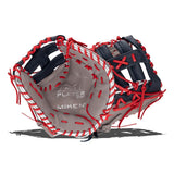 Baseball glove with red and black laces on a white background