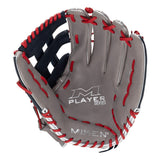 Baseball glove with red and black stitching on a white background, featuring the Miken brand.