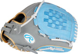 A baseball glove in gray and light blue leather with white laces and a woven blue pattern on the palm, featuring a white oval logo with a blue 'R' on the back.