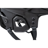 Close-up of the side and lower strap area of a black full-face helmet, showing ventilation slots, adjustment screws, and the chin strap on a white background.
