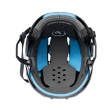 The interior of a Bauer hockey helmet, showing the black impact protection insert, light blue foam padding, and black chin strap on a white background.