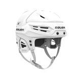 A white Bauer ice hockey helmet with black logo branding on the side, shown from a three-quarters angle against a solid white background.