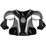 A pair of Warrior hockey shoulder pads in black, gray, and white, shown against a plain white background. The brand 'Warrior' is clearly visible on the shoulder pads and chest.