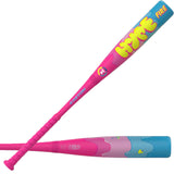 A pink Easton kids' baseball bat with a colorful blue, pink, and yellow drip design, shown in two crossed views against a white background.