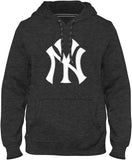 Dark gray hoodie with a large white logo on a white background