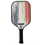 Pickleball paddle with red and black striped design on a white background