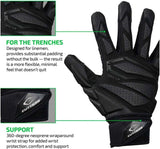 Black glove with text highlighting features and brand on a white background