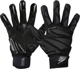 Pair of black gloves with textured design on a white background