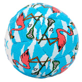 Squeaky ball with flamingo and lacrosse stick pattern on a blue background