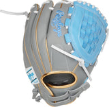 Gray baseball glove with blue accents and 'Riddell' branding on a white background
