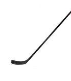 A close-up of a black hockey stick blade and shaft showing a subtle carbon fiber weave pattern, set against a solid white background.