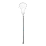 Lacrosse stick with white head and silver shaft on a white background