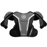 A pair of black, gray, and white hockey shoulder pads with visible 'Rise' and 'Cannon' branding, displayed on a clean white background.