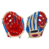 Wilson 490 baseball glove tan, red, blue on a white background