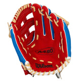 Wilson 490 baseball glove tan, red, blue on a white background