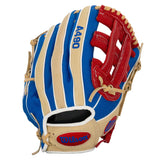 Wilson 490 baseball glove tan, red, blue on a white background