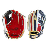 Wilson A490 baseball glove red white blue on white background