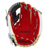 Wilson A490 baseball glove red white blue on white background