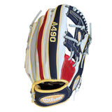 Wilson A490 baseball glove red white blue on white background