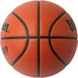 Basketball with black text and branding on an orange background