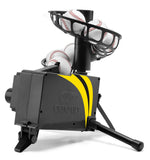 Baseball pitching machine with multiple baseballs on a white background