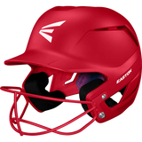 Red baseball helmet with face guard on a white background